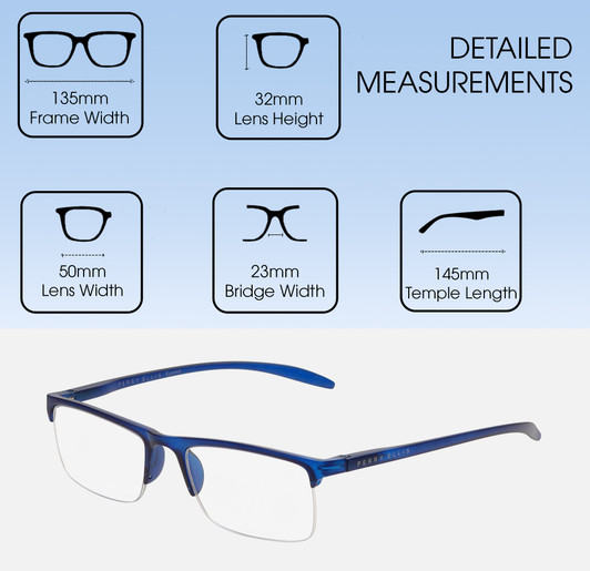 Dimensions and Measurements Illustration of Perry Ellis PEBX58 Unisex Rectangular Semi-Rimless Designer Reading Glasses in Gloss Navy Blue Marble 50mm