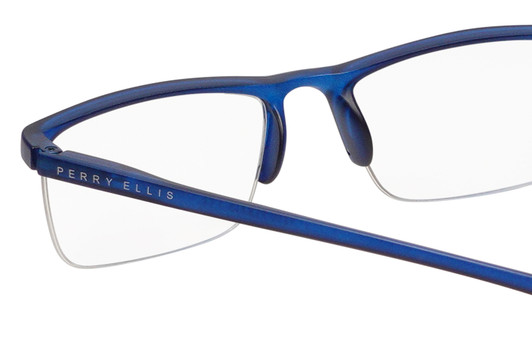 Close Up View of Perry Ellis PEBX58 Unisex Rectangular Semi-Rimless Designer Reading Glasses in Gloss Navy Blue Marble 50mm