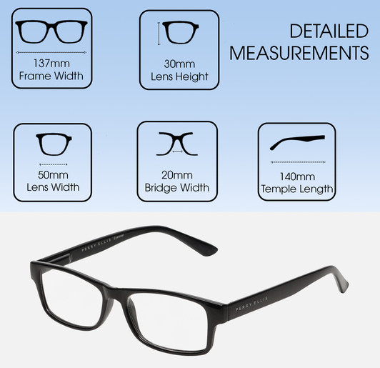 Dimensions and Measurements Illustration of Perry Ellis PEBX59 Unisex Rectangular Full Rim Designer Reading Glasses in Gloss Black Marble 50mm