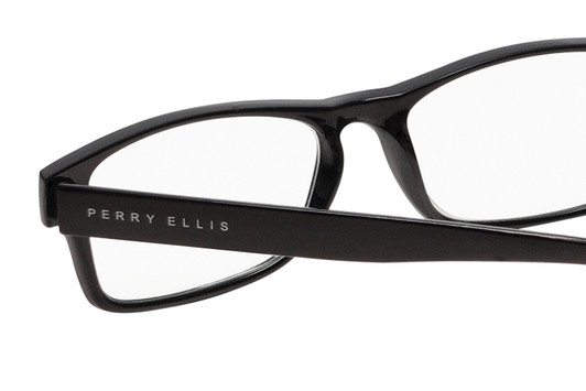 Close Up View of Perry Ellis PEBX59 Designer Reading Eye Glasses with Custom Cut Powered Lenses in Gloss Black Marble Unisex Rectangular Full Rim Acetate 50 mm