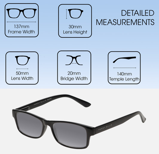 Dimensions and Measurements Illustration of Perry Ellis PEBX59 Designer Polarized Sunglasses with Custom Cut Smoke Grey Lenses in Gloss Black Marble Unisex Rectangular Full Rim Acetate 50 mm