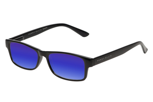 Profile View of Perry Ellis PEBX59 Designer Polarized Sunglasses with Custom Cut Blue Mirror Lenses in Gloss Black Marble Unisex Rectangular Full Rim Acetate 50 mm