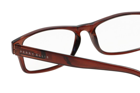 Close Up View of Perry Ellis PEBX59 Unisex Rectangular Full Rim Designer Reading Glasses in Gloss Dark Brown Marble 50mm