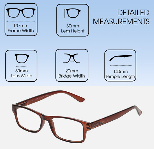 Dimensions and Measurements Illustration of Perry Ellis PEBX59 Designer Reading Eye Glasses with Custom Cut Powered Lenses in Gloss Dark Brown Marble Unisex Rectangular Full Rim Acetate 50 mm