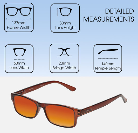 Dimensions and Measurements Illustration of Perry Ellis PEBX59 Designer Polarized Sunglasses with Custom Cut Red Mirror Lenses in Gloss Dark Brown Marble Unisex Rectangular Full Rim Acetate 50 mm