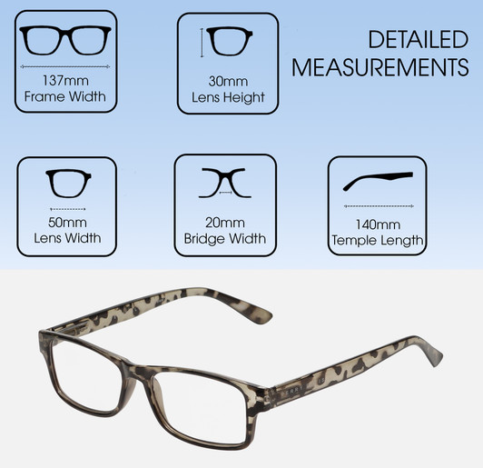 Dimensions and Measurements Illustration of Perry Ellis PEBX59 Designer Reading Eye Glasses with Custom Cut Powered Lenses in Gloss Grey Tortoise Havana Marble Unisex Rectangular Full Rim Acetate 50 mm