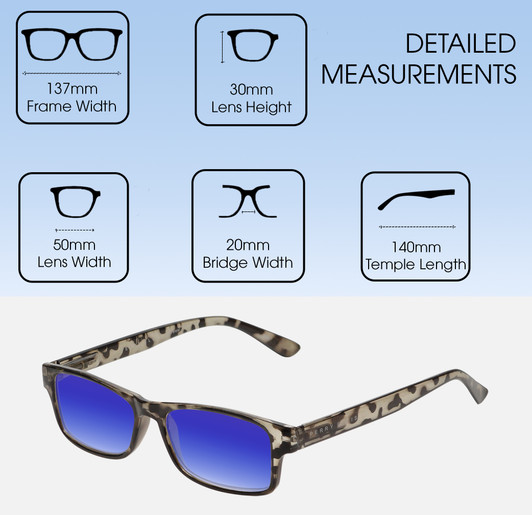Dimensions and Measurements Illustration of Perry Ellis PEBX59 Designer Polarized Sunglasses with Custom Cut Blue Mirror Lenses in Gloss Grey Tortoise Havana Marble Unisex Rectangular Full Rim Acetate 50 mm