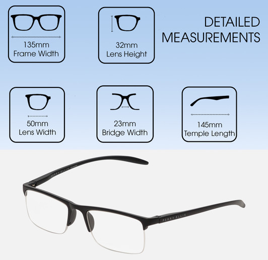 Dimensions and Measurements Illustration of Perry Ellis PEBX58 Unisex Rectangular Semi-Rimless Designer Reading Glasses in Gloss Black Marble 50mm