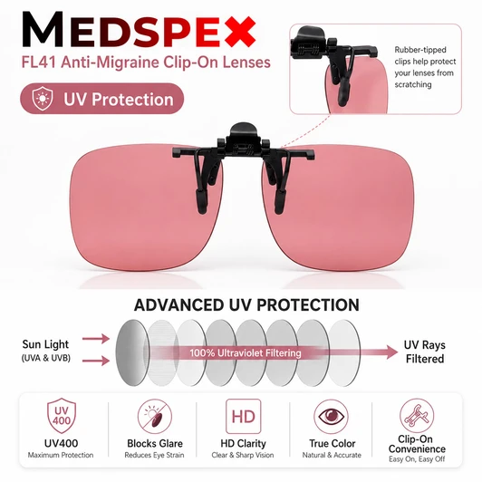 MEDSPEX Unisex FL41 Clip-On Lenses – Pink | UV Protective, Migraine Lens for Men & Women | Light sensitivity Tinted Lenses with Big Bar Clips for Home, Office, and Screen Use | Eyewear image 3