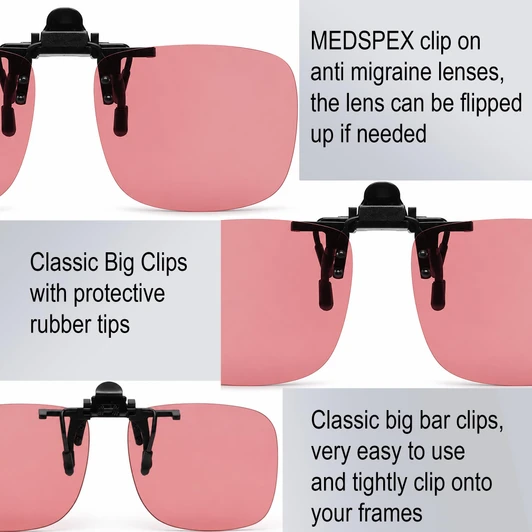 MEDSPEX Unisex FL41 Clip-On Lenses – Pink | UV Protective, Migraine Lens for Men & Women | Light sensitivity Tinted Lenses with Big Bar Clips for Home, Office, and Screen Use | Eyewear image 4