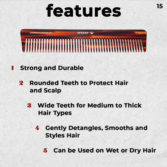 Speert Handmade Swiss European Comb Style #15 7 Inch Wide Tortoise Havana Brown