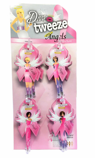 Diva Tweezer Pink Ribbon Breast Cancer Awareness Angels 12 Piece Display 4"Inch