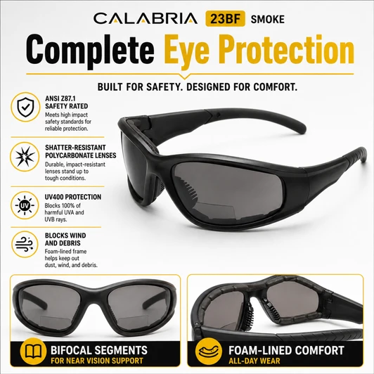 Calabria 23BF Bi-Focal Safety Glasses UV Protection Smoke Z87. Rate ShatterProof