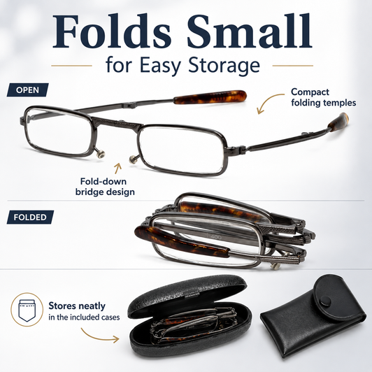 Calabria Metal Folding Reading Glasses&Case Light Weight Compact Silver Tortoise