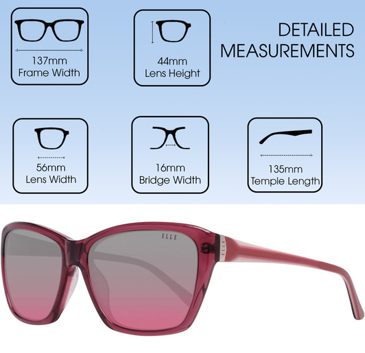 Dimensions View of Elle Designer Sunglasses El14834-PU-56 mm in Crystal Red Wine & Purple Fade Lens