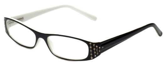 Profile View of Corinne McCormack Reading Glasses Lexi in Black-White with Blue Light Filter + A