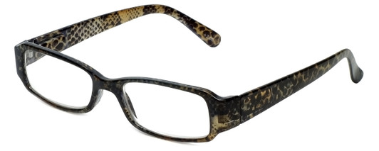 Profile View of Corinne McCormack Reading Glasses Libby in Gold-Snake-Skin with Blue Light Filte