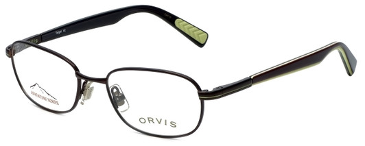 Profile View of Orvis Designer Blue Light Blocking Reading Glasses Target in Brown-Green 48mm Ne