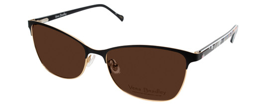 Profile View of Vera Bradley SUZANA Designer Polarized Sunglasses with Custom Cut Amber Brown Lenses in Pretty Posies Floral Black Gold Ladies Cateye Full Rim Metal 55 mm