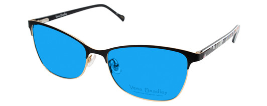 Profile View of Vera Bradley SUZANA Designer Polarized Sunglasses with Custom Cut Blue Mirror Lenses in Pretty Posies Floral Black Gold Ladies Cateye Full Rim Metal 55 mm