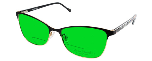 Profile View of Vera Bradley SUZANA Designer Polarized Reading Sunglasses with Custom Cut Powered Green Mirror Lenses in Pretty Posies Floral Black Gold Ladies Cateye Full Rim Metal 55 mm