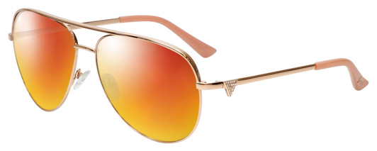 Profile View of Guess Factory GF6098 Designer Polarized Sunglasses with Custom Cut Red Mirror Lenses in Rose Gold Ladies Aviator Full Rim Metal 64 mm