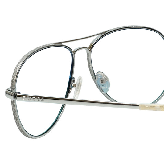 Close Up View of Guess GU7555 Designer Reading Eye Glasses in Silver Glitter Pearl Gold Ladies Aviator Full Rim Metal 59 mm