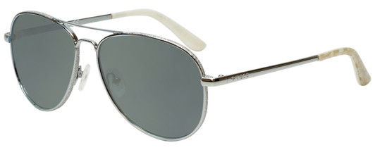 Profile View of Guess GU7555 Designer Polarized Sunglasses with Custom Cut Smoke Grey Lenses in Silver Glitter Pearl Gold Ladies Aviator Full Rim Metal 59 mm