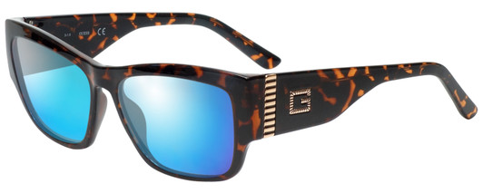 Profile View of Guess GU7623 Designer Polarized Sunglasses with Custom Cut Blue Mirror Lenses in Havana Tortoise Ladies Cateye Full Rim Acetate 57 mm