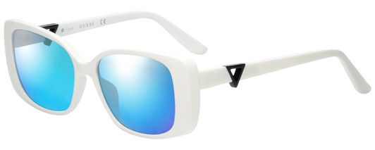 Profile View of Guess GU7631 Designer Polarized Sunglasses with Custom Cut Blue Mirror Lenses in White Ladies Butterfly Full Rim Acetate 53 mm