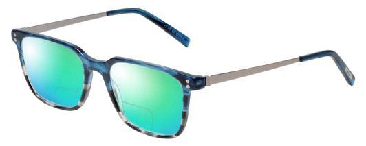 Profile View of Eyebobs Above Board Designer Polarized Reading Sunglasses with Custom Cut Powered Green Mirror Lenses in Blue Grey Tortoise Havana Unisex Square Full Rim Metal 50 mm