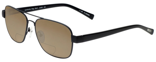 Profile View of Eyebobs Big Ball Designer Polarized Reading Sunglasses with Custom Cut Powered Amber Brown Lenses in Gun Metal Black Unisex Aviator Full Rim Metal 56 mm