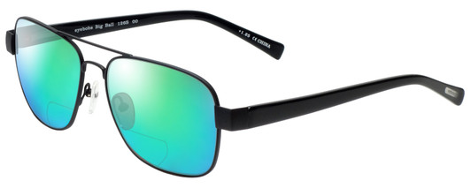 Profile View of Eyebobs Big Ball Designer Polarized Reading Sunglasses with Custom Cut Powered Green Mirror Lenses in Gun Metal Black Unisex Aviator Full Rim Metal 56 mm