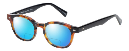 Profile View of Eyebobs Bitty Witty Designer Polarized Reading Sunglasses with Custom Cut Powered Blue Mirror Lenses in Tortoise Havana Brown Gold Ladies Round Full Rim Acetate 42 mm