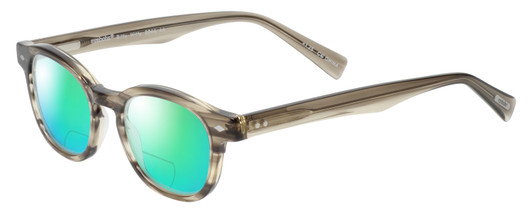 Profile View of Eyebobs Bitty Witty Designer Polarized Reading Sunglasses with Custom Cut Powered Green Mirror Lenses in Amber Brown Crystal Marble Ladies Round Full Rim Acetate 42 mm