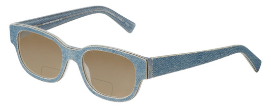 Profile View of Eyebobs Bossy Designer Polarized Reading Sunglasses with Custom Cut Powered Amber Brown Lenses in Blue Jean Unisex Square Full Rim Acetate 51 mm