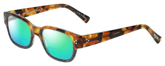 Profile View of Eyebobs Bossy Designer Polarized Reading Sunglasses with Custom Cut Powered Green Mirror Lenses in Tortoise Havana Brown Gold Black Unisex Square Full Rim Acetate 51 mm