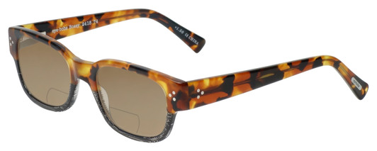 Profile View of Eyebobs Bossy Designer Polarized Reading Sunglasses with Custom Cut Powered Amber Brown Lenses in Tortoise Havana Brown Gold Black Unisex Square Full Rim Acetate 51 mm