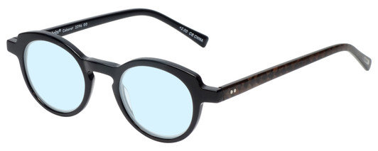Profile View of Eyebobs Cabaret Designer Blue Light Blocking Eyeglasses in Black Brown Crystal Diamond Ladies Round Full Rim Acetate 40 mm