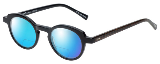 Profile View of Eyebobs Cabaret Designer Polarized Reading Sunglasses with Custom Cut Powered Blue Mirror Lenses in Black Brown Crystal Diamond Ladies Round Full Rim Acetate 40 mm