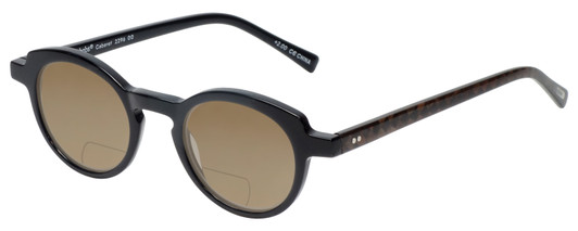 Profile View of Eyebobs Cabaret Designer Polarized Reading Sunglasses with Custom Cut Powered Amber Brown Lenses in Black Brown Crystal Diamond Ladies Round Full Rim Acetate 40 mm