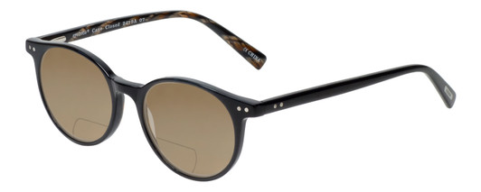 Profile View of Eyebobs Case Closed Designer Polarized Reading Sunglasses with Custom Cut Powered Amber Brown Lenses in Black Brown Crystal Marble Ladies Round Full Rim Acetate 47 mm