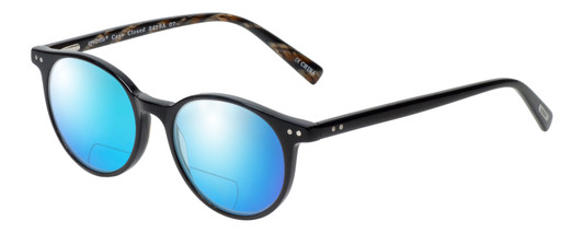 Profile View of Eyebobs Case Closed Designer Polarized Reading Sunglasses with Custom Cut Powered Blue Mirror Lenses in Black Brown Crystal Marble Ladies Round Full Rim Acetate 47 mm