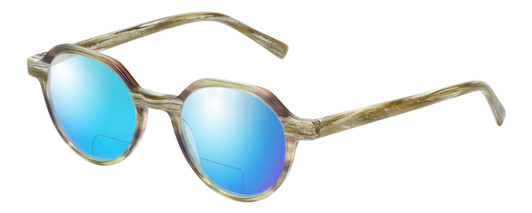 Profile View of Eyebobs Cheap Therapy Designer Polarized Reading Sunglasses with Custom Cut Powered Blue Mirror Lenses in Green White Gold Marble Horn Unisex Round Full Rim Acetate 45 mm