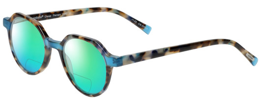 Profile View of Eyebobs Cheap Therapy Designer Polarized Reading Sunglasses with Custom Cut Powered Green Mirror Lenses in Blue Brown Grey Tortoise Havana Unisex Round Full Rim Acetate 45 mm