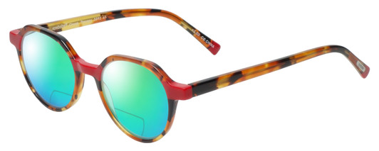 Profile View of Eyebobs Cheap Therapy Designer Polarized Reading Sunglasses with Custom Cut Powered Green Mirror Lenses in Brown Red Gold Tortoise Havana Ladies Round Full Rim Acetate 45 mm