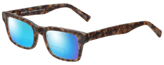 Profile View of Eyebobs Fare N Square Designer Polarized Reading Sunglasses with Custom Cut Powered Blue Mirror Lenses in Matte Tortoise Brown Gold Marble Unisex Square Full Rim Acetate 51 mm