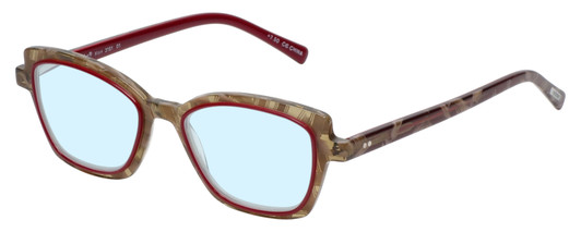 Profile View of Eyebobs Flirt Designer Blue Light Blocking Eyeglasses in Red Crystal Brown Horn Marble Ladies Cateye Full Rim Acetate 48 mm