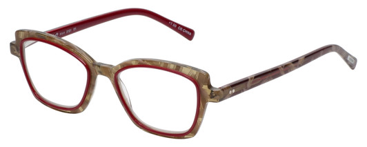 Profile View of Eyebobs Flirt Designer Progressive Lens Blue Light Blocking Eyeglasses in Red Crystal Brown Horn Marble Ladies Cateye Full Rim Acetate 48 mm