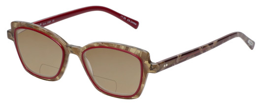 Profile View of Eyebobs Flirt Designer Polarized Reading Sunglasses with Custom Cut Powered Amber Brown Lenses in Red Crystal Brown Horn Marble Ladies Cateye Full Rim Acetate 48 mm